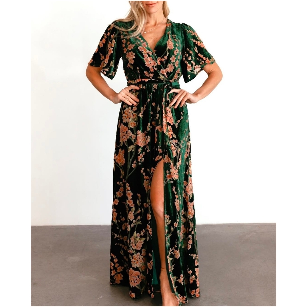 BALTIC BORN Uma Green Velvet Floral Maxi Dress sz L Women's - Picture 3 of 12